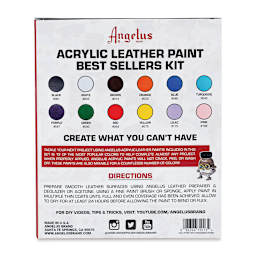 Angelus Acrylic Leather Paint Set - Best Sellers, Assorted Colors, Set of 12, back of the packaging