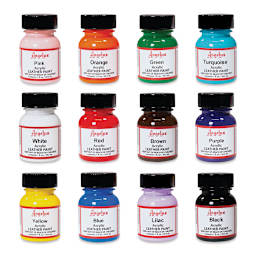 Angelus Acrylic Leather Paint Set - Best Sellers, Assorted Colors, Set of 12 laid out