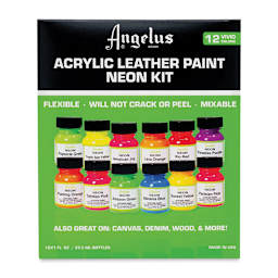 Angelus Acrylic Leather Paint Set - Neon, Assorted Colors, Set of 12, front of the packaging