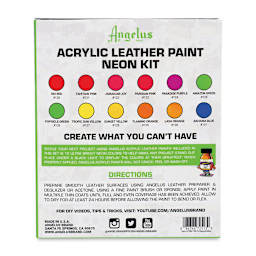 Angelus Acrylic Leather Paint Set - Neon, Assorted Colors, Set of 12, back of the packaging