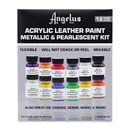 Angelus Acrylic Leather Paint Set - Metallic and Pearlescent, Set of 12, front of the packaging