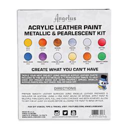 Angelus Acrylic Leather Paint Set - Metallic and Pearlescent, Set of 12, back of the packaging
