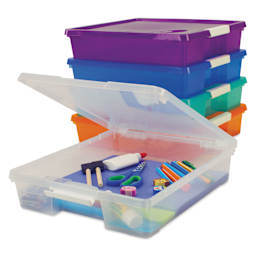 Storex Project Boxes - Assorted Color, Set of 5, clear box open with supplies, supplies not included