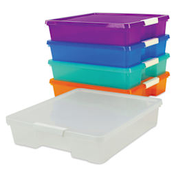 Storex Project Boxes - Assorted Color, Set of 5, clear box in front of 4 stacked boxes
