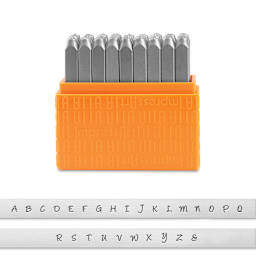 ImpressArt Letter and Number Stamp Sets - Front view of open Uppercase Bridgett font set with type