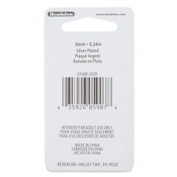 Beadalon Jump Rings - Silver Plated, Round, 6 mm, Pkg of 50 back of packaging