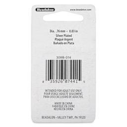 Beadalon Ear Wires - 0.76 mm, Leverback, Plain, Silver Plated, Pkg of 6 back of packaging