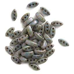 John Bead Czech Glass Cali Three-Hole Beads - White and Blue Luster beads in loose pile