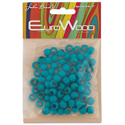 John Bead Euro Wood Beads - Turquoise, Round Large Hole, 8 mm x 6.5 mm, Pkg of 100 - front of packaging