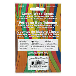 John Bead Euro Wood Beads - Mahogany, Round, Large Hole, 14 mm x 11 mm, Pkg of 25 - back of packaging