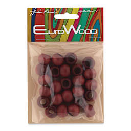 John Bead Euro Wood Beads - Mahogany, Round, Large Hole, 14 mm x 11 mm, Pkg of 25 - front of packaging