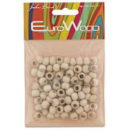 John Bead Euro Wood Beads - Natural, Round Large Hole, 8 mm x 6.5 mm, Pkg of 100 - front of packaging