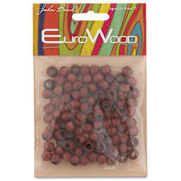 John Bead Euro Wood Beads - Mahogany, Round Large Hole, 8 mm x 6.5 mm, Pkg of 100 - front of packaging