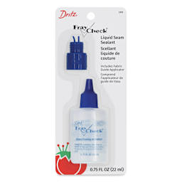 Dritz Fray Check Liquid Seam Sealant - .75 oz Bottle with Fabric Guide Applicator front of packaging