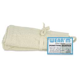 Canvas Drawstring Backpack - Top view of folded Natural Backpack with label