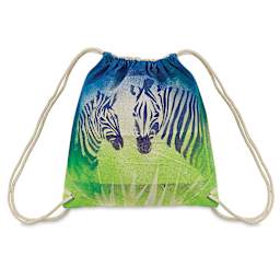 Canvas Drawstring Backpack - Top view of Natural Backpack decorated with zebra artwork