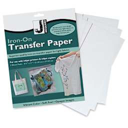 Jacquard Iron-On Transfer Paper - 3 Sheets for light color fabrics shown behind package