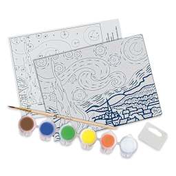 Paint by Number Museum Series Kit - Components of The Starry Night Kit with paint, Instructions, and brush