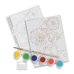 Paint by Number Museum Series Kit - Components of Sunflowers Kit with paint, Instructions, and brush