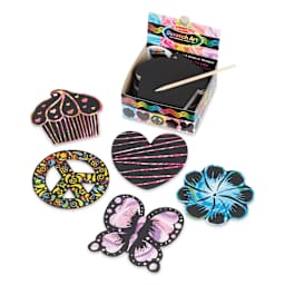 Melissa & Doug Scratch Art Mini friendship-themed notes and stylus laid outside of the packaging