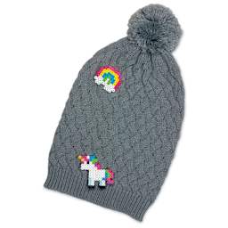 Perler Fun with Beads Fused Bead Kit, finished designs pinned on beanie