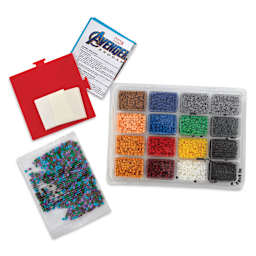 Perler Marvel Avengers Fused Bead Kit, contents laid out