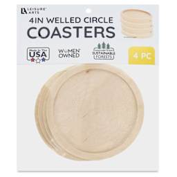 Leisure Arts Welled Wood Surface Coasters - Pkg of 4, Circle, 4" - front of packaging