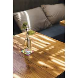 Leisure Arts Welled Wood Surface Coasters - Square, 4" - finished example under glass flower vase