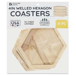 Leisure Arts Welled Wood Surface Coasters - Pkg of 4, Hexagon, 4" x 4-1/2" - front of packaging