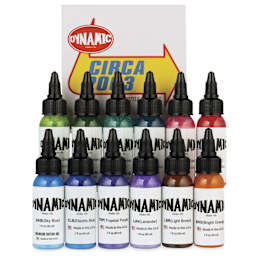 Dynamic Color Tattoo Ink - Set of 12, Circa 2003 Set, 1 oz bottles, contents and packaging