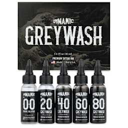 Dynamic Color Tattoo Ink - Set of 5, Greywash Set, 1 oz bottles, contents and packaging