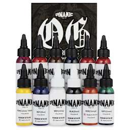 Dynamic Color Tattoo Ink - Set of 12, OG Set, 1 oz bottles, contents and packaging