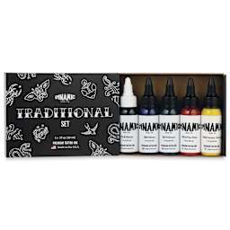 Dynamic Color Tattoo Ink - Set of 5, Traditional Set, 1 oz bottles, open packaging