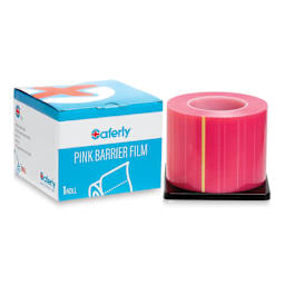 Saferly Medical Barrier Film - Pink, 4" x 6", Pkg of 1200, next to packaging