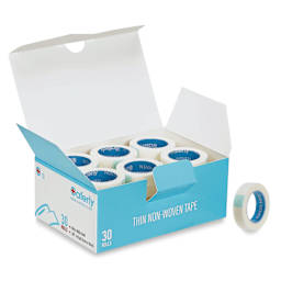 Saferly Medical Tape - 0.39" x 10 yds, Pkg of 30 Rolls, one roll next to packaging