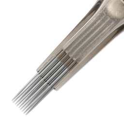 Peak Quartz Magnum Medium Taper Tattoo Needle Cartridges - #12, 9 Needles, Pkg of 20, close-up of packaging