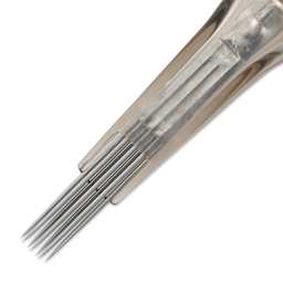 Peak Quartz Curved Magnum Long Taper Tattoo Needle Cartridges - #12, 7 Needles, Pkg of 20, close-up of needle