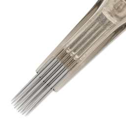 Peak Quartz Curved Magnum Long Taper Tattoo Needle Cartridges - #12, 9 Needles, Pkg of 20, close-up of needle