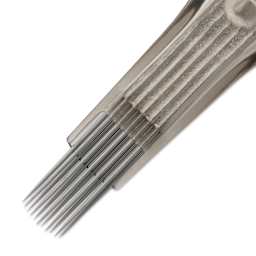 Peak Quartz Curved Magnum Long Taper Tattoo Needle Cartridges - #12, 11 Needles, Pkg of 20, close-up of needle