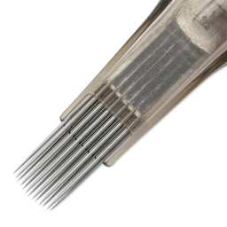 Peak Quartz Curved Magnum Long Taper Tattoo Needle Cartridges - #12, 13 Needles, Pkg of 20, close-up of needle