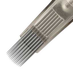 Peak Quartz Curved Magnum Long Taper Tattoo Needle Cartridges - #12, 15 Needles, Pkg of 20, close-up of needle