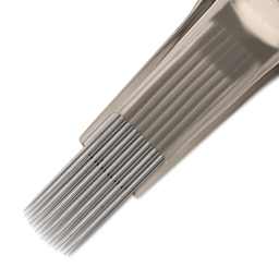 Peak Quartz Curved Magnum Medium Taper Tattoo Needle Cartridges - #10, 15 Needles, Pkg of 20, close-up of needle