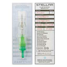 Peak Stellar Curved Magnum Long Taper Tattoo Needle Cartridges - #12, 7 Needles, Pkg of 20, front and back of packaging