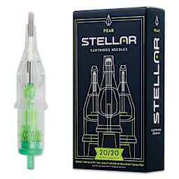 Peak Stellar Curved Magnum Long Taper Tattoo Needle Cartridges - #12, 7 Needles, Pkg of 20, needle and packaging