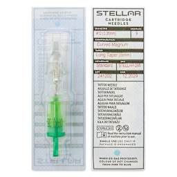 Peak Stellar Curved Magnum Long Taper Tattoo Needle Cartridges - #12, 9 Needles, Pkg of 20, front and back of packaging