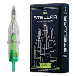 Peak Stellar Curved Magnum Long Taper Tattoo Needle Cartridges - #12, 9 Needles, Pkg of 20, needle and packaging
