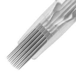 Peak Stellar Curved Magnum Long Taper Tattoo Needle Cartridges - #12, 11 Needles, Pkg of 20, close-up of needle