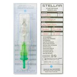 Peak Stellar Curved Magnum Long Taper Tattoo Needle Cartridges - #12, 11 Needles, Pkg of 20, front and back of packaging
