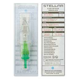 Peak Stellar Curved Magnum Long Taper Tattoo Needle Cartridges - #12, 13 Needles, Pkg of 20, front and back of packaging
