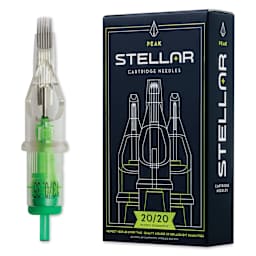 Peak Stellar Curved Magnum Long Taper Tattoo Needle Cartridges - #12, 13 Needles, Pkg of 20, needle and packaging